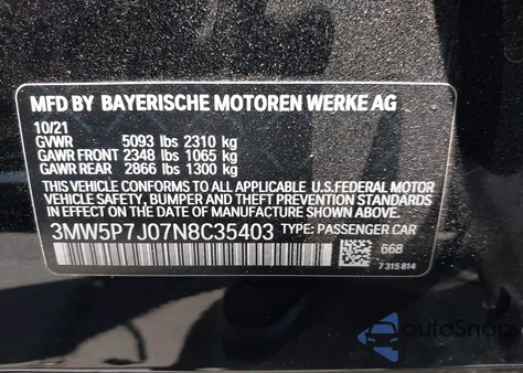 2022 BMW 3 Series 330E z USA, uszkodzony, nr VIN 3MW5P7J07N8C35403